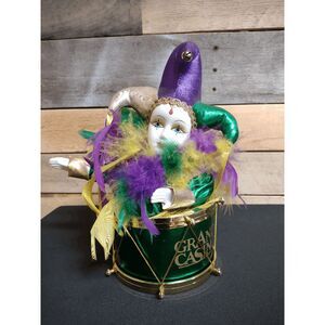 VTG Grand Casino Jester on Green Drum Music Box in Mardi Gras Colors 10" Tall